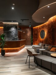 Elegant interior shows a reception area with a reception desk