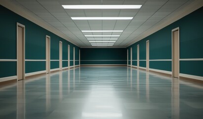 Obraz premium Empty Modern Corridor with Green Walls and Bright Lighting