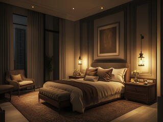 A luxurious bedroom decorated for a comfortable and relaxing atmosphere