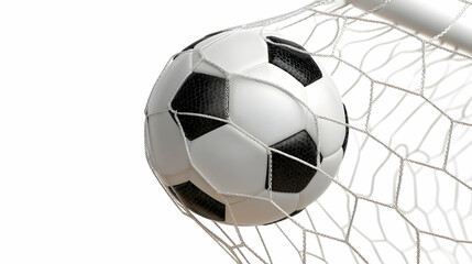 Naklejka premium Soccer Ball Hitting Net Goal Isolated on White