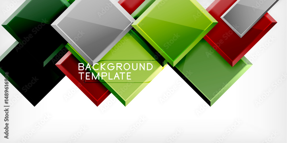 Aufkleber Abstract geometric shapes create dynamic composition. Green, red, silver squares overlap, forming modern background template. Gradient adds depth.