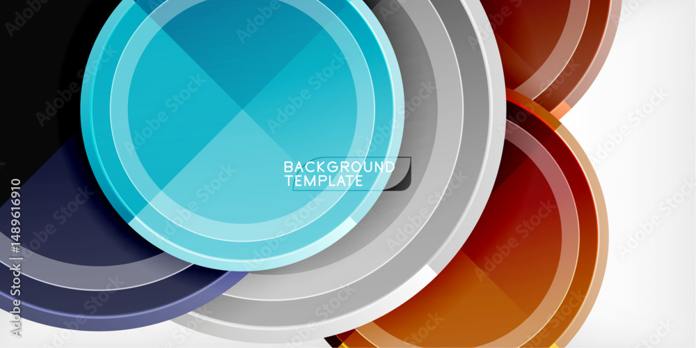 Poster abstract circles overlap, creating vibrant design. blue, orange, gray tones dominate dark background