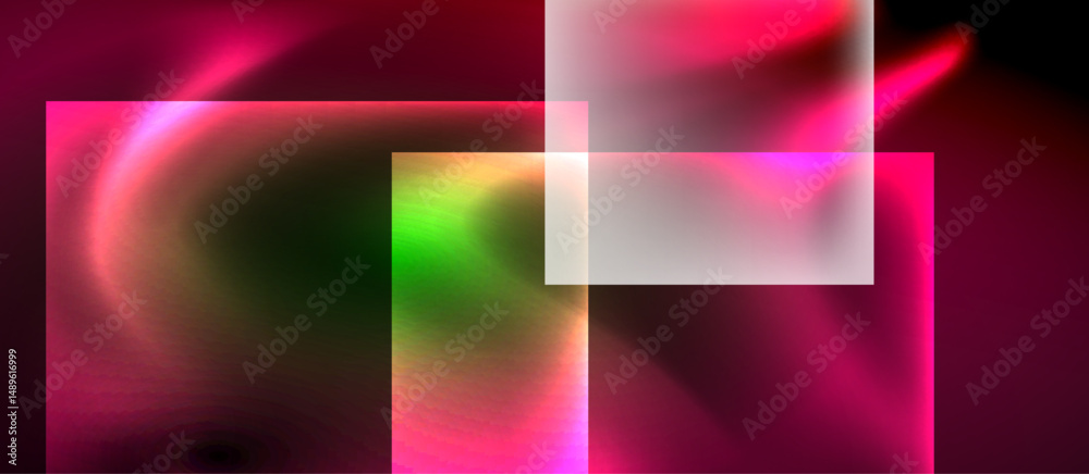 Poster Abstract composition featuring vibrant pinks, greens, white rectangles. Fluid shapes create dynamic visual experience. Smooth gradients dominate.