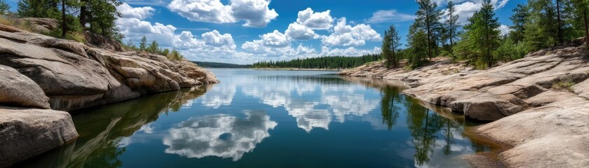 Fototapeta premium Scenic view of lake in pine forest with reservoir and sky concept. A serene lake surrounded by trees under a clear blue sky.
