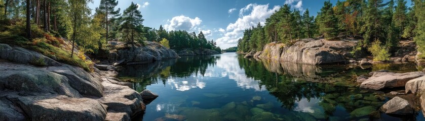 Scenic view of lake in pine forest with reservoir and sky concept. Stunning panoramic view of tranquil lake surrounded by trees.