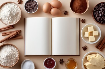 Baking ingredients with recipe book for cooking