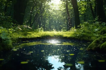 Obraz premium Serene reflection of nature at a tranquil forest stream mossy landscape morning light peaceful atmosphere