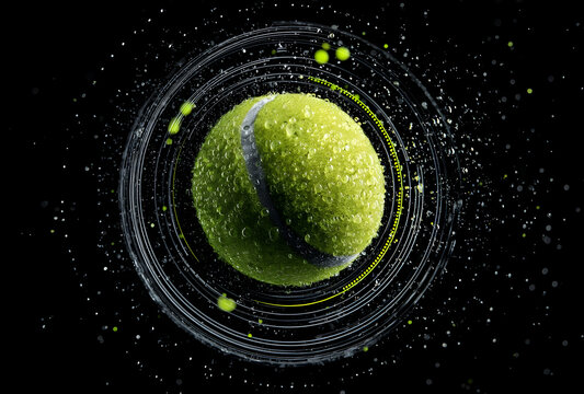 Tennis Ball Spinning with Water Droplets on Dark Background