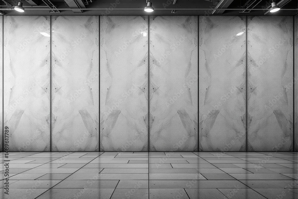 Poster minimalist modern interior wall with textured panels, geometric tile floor, ceiling lights, grayscal