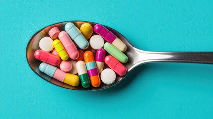 Colorful Pills and Capsules in Spoon Against Turquoise Background