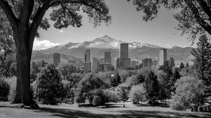 Fototapeta premium Cityscape framed by trees mountains backdrop