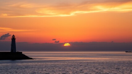 Fototapeta premium Serene Sunset Over Coastal Waters with Lighthouse Silhouette