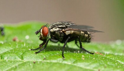 Naklejka premium Striking Macro of a Fly Resting on a Vibrant Green Leaf in Natural Light