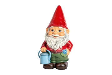 PNG Colorful garden gnome with watering can and blue flower on white background