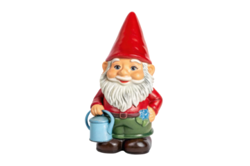 PNG Colorful garden gnome with watering can and blue flower on white background