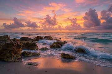 Ocean waves rocks sunrise sky nature