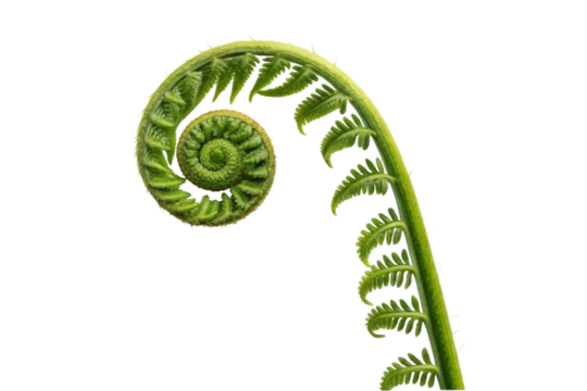 PNG Close-up of green fern frond in spiral shape against black background