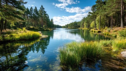 Obraz premium Scenic view of lake in pine forest around beautiful landscape concept. A tranquil lake surrounded by lush green trees and vibrant reflections.