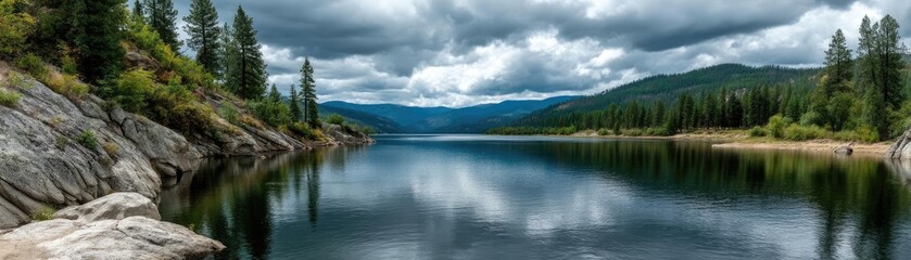 Scenic view of lake in pine forest with cloudy summer sky concept. Serene lake surrounded by lush trees and dramatic cloudy skies.