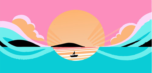 Sunset Ocean Scene: Pink Sky, Waves, Sailboat