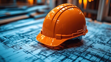 Bright orange hard hat on architectural blueprint with warm lighting