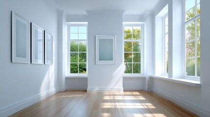 Bright And Airy Minimalist White Room With Large Windows Showcasing Natural Light And Framed Artwork
