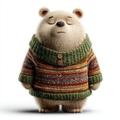 Fluffy bear illustration in a cozy knitted sweater, eyes closed for storybook style with chubby cheeks.