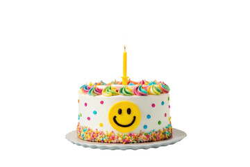 PNG Single candle smiley face birthday cake with colorful icing and sprinkles