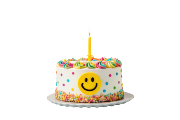 PNG Single candle smiley face birthday cake with colorful icing and sprinkles