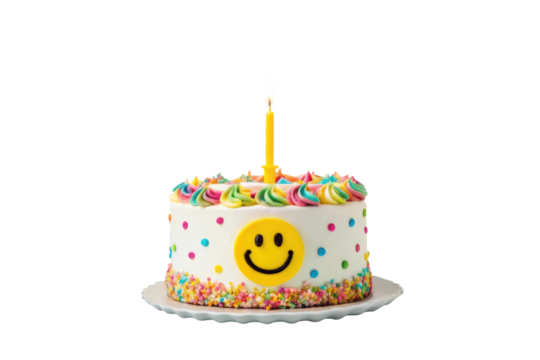 PNG Single candle smiley face birthday cake with colorful icing and sprinkles - Powered by Adobe