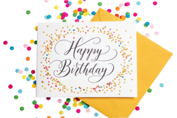 PNG Colorful confetti surrounding happy birthday card on black background with yellow envelope