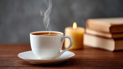 Steaming Cup of Tea on Wooden Desk Surrounded by Books and Candlelight