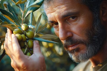 Focused man closely examining ripe green olives on a branch in an olive grove during daylight