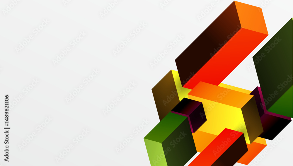 Poster Abstract geometric shapes overlap, creating dynamic composition. Bright colors contrast against white background. Modern design elements present.