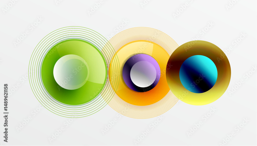 Poster Abstract circles overlap, creating vibrant color gradients. Lines radiate outward from central points, forming dynamic visual effect.