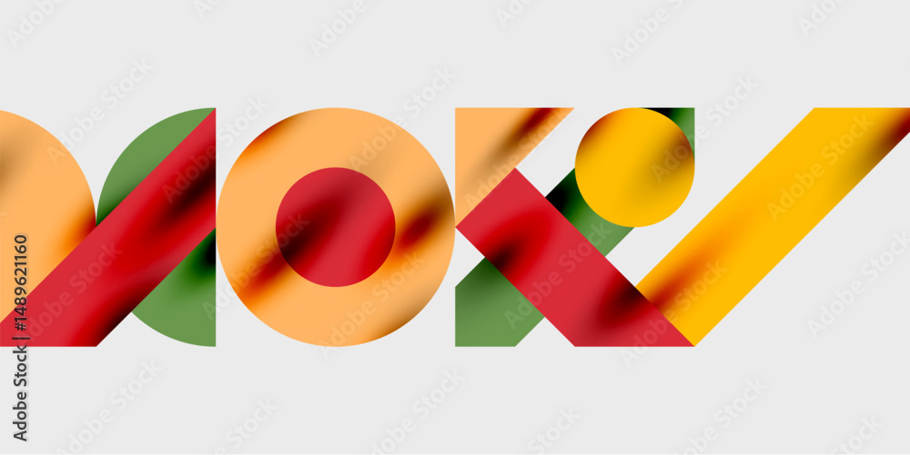 Poster Colorful text displays word NOW. Overlapping shapes create dynamic visual effect. Bright hues dominate composition. Simple, modern design.
