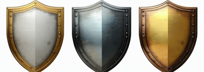 Three metallic medieval shields with rivets in silver with gold border, dark silver, and polished gold finishes against a white background