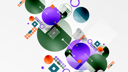 Abstract composition. Circles, squares, dots create dynamic visual experience. Colors blend, overlap, forming complex patterns. Modern design.