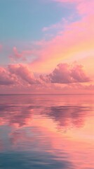 Dreamy pastel sunset over calm ocean waters with reflection of colorful clouds and serene atmosphere for tranquil and peaceful imagery