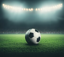 Naklejka premium Soccer Ball on Grass Field under Stadium Lights at Night