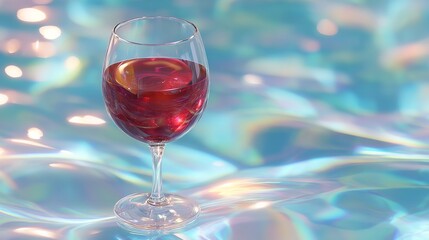 Wine Glass Floating Upright in a Shimmering Pool of Water Reflecting Colorful Light