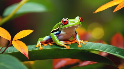 Naklejka premium Vibrant Green Frog with Striking Red Eyes Perched on Lush Tropical Foliage