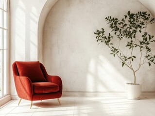 Living room showcases a red chair and indoor plant