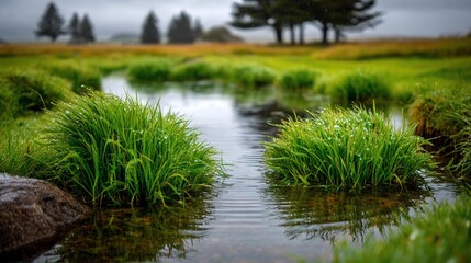 Fototapeta premium Dewkissed grass clumps in a tranquil stream