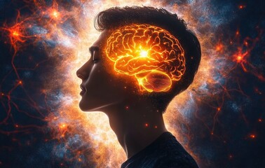 Profile of a person with eyes closed surrounded by glowing neural network patterns and an illuminated brain graphic inside the head representing thinking and consciousness