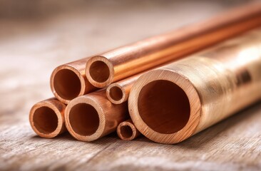 Copper pipes on wooden surface material