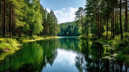 Scenic view of lake in pine forest around beautiful landscape concept. A serene lake surrounded by lush green forest and clear skies.