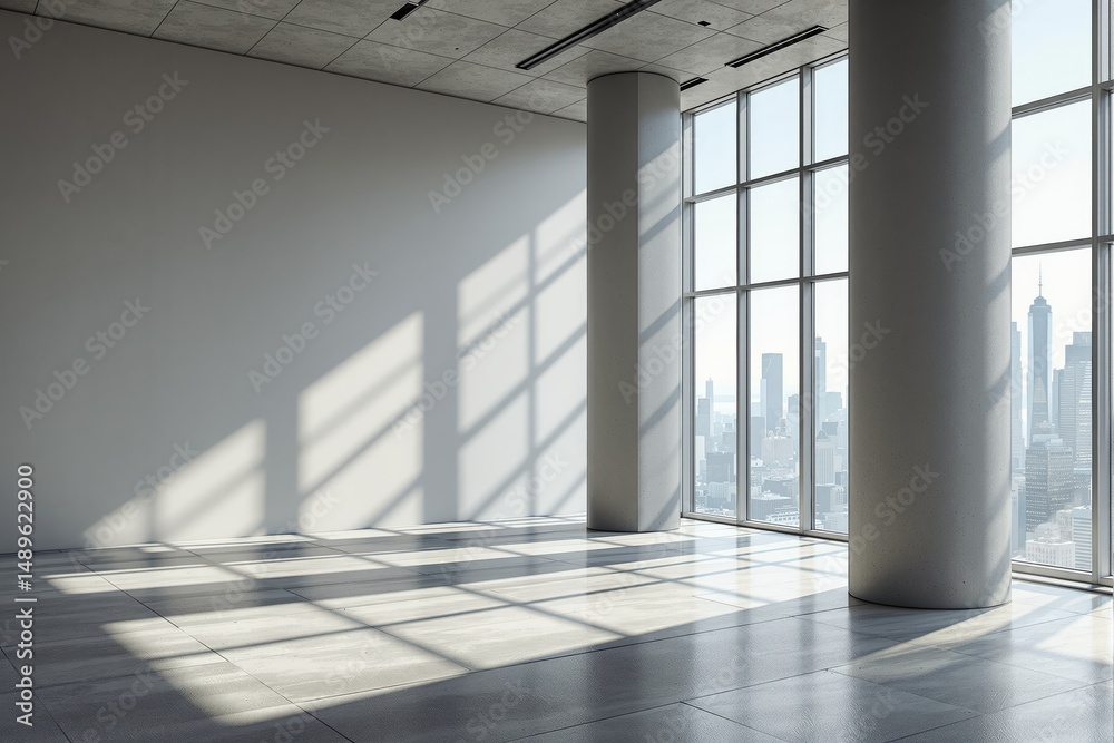 Poster spacious empty room with floor-to-ceiling windows, minimalistic architectural style, concrete walls 
