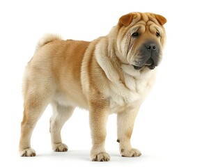 Obraz premium A tan canine is standing on a plain background.