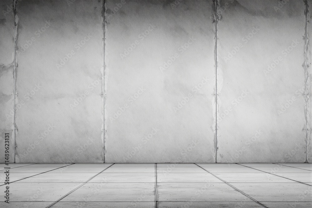 Poster Clean concrete wall and tiled floor in minimalist grayscale style on a seamless background, concept of modern architecture and building design. Ai generative